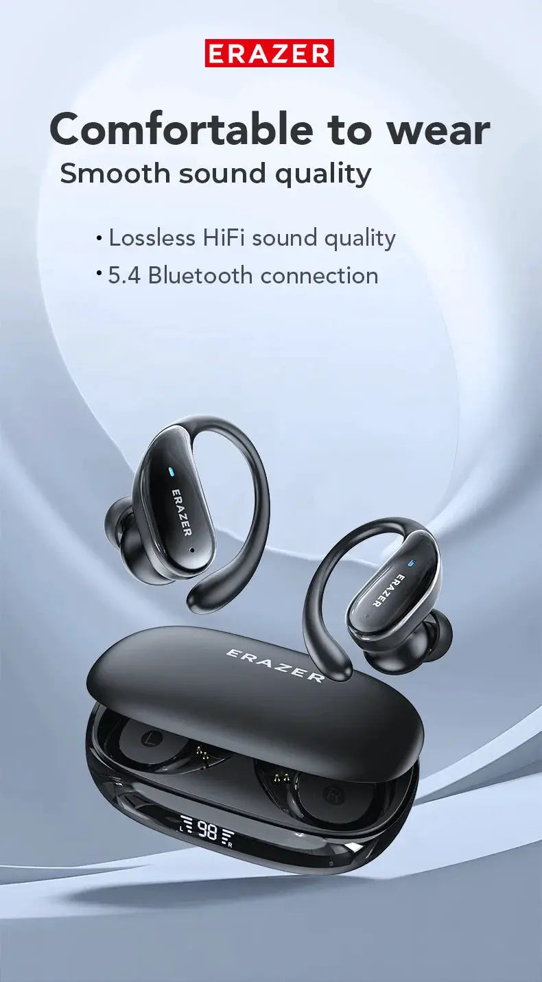 ERAZER XT80pro wireless earphones with charging case, black earhooks, two earbuds