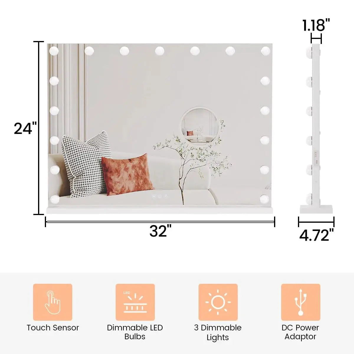 Simples Market vanity mirror with 3x magnification, dimmable LED bulbs, three color modes, touch controls