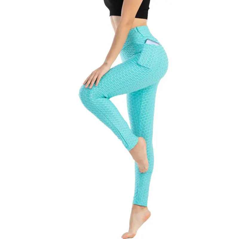 Simples Market women's pocket bubble pants in turquoise, high-waisted, stretchy leggings with honeycomb texture