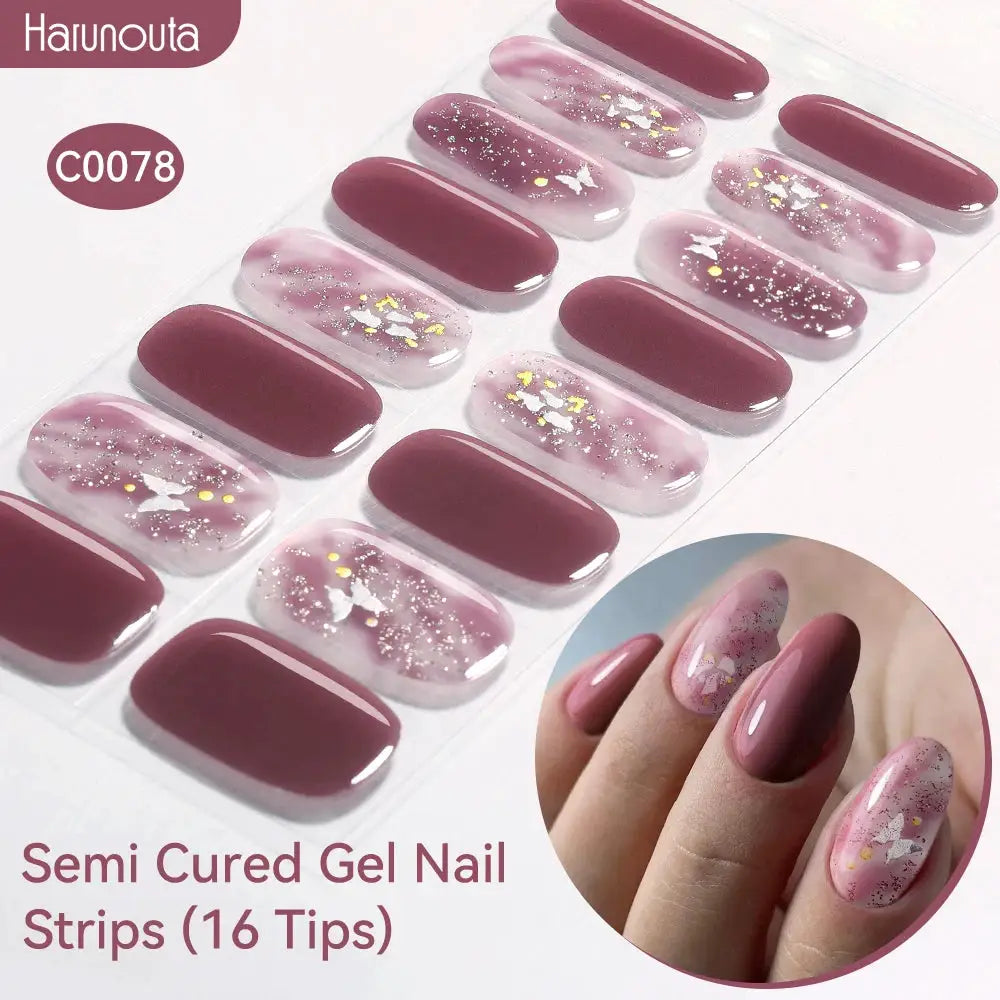Harunouta semi-cured gel nail strips, burgundy pink gradient with glitter accents, 16 tips