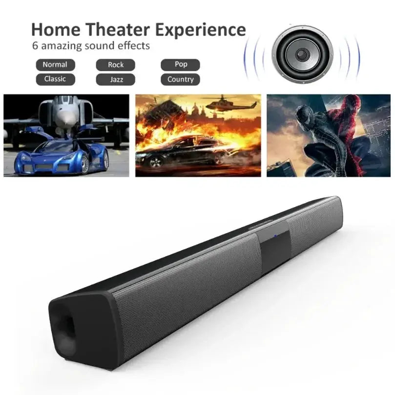 XIKCU soundbar by Simples Market; black Bluetooth 5.3 stereo home cinema with remote, RCA/AUX/TF card