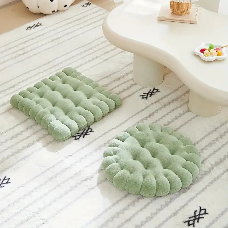Large biscuit-shaped plush cushions, mint green chair seat pads by Simples Market, pair