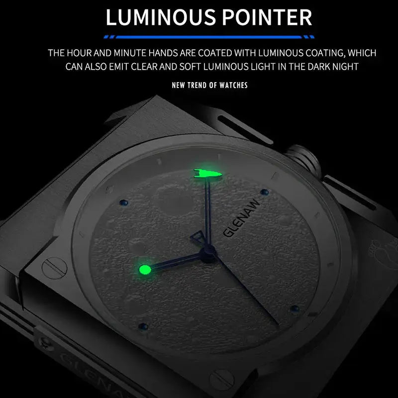 GLENAW men's stainless steel mechanical watch with luminous green pointers and moon dial