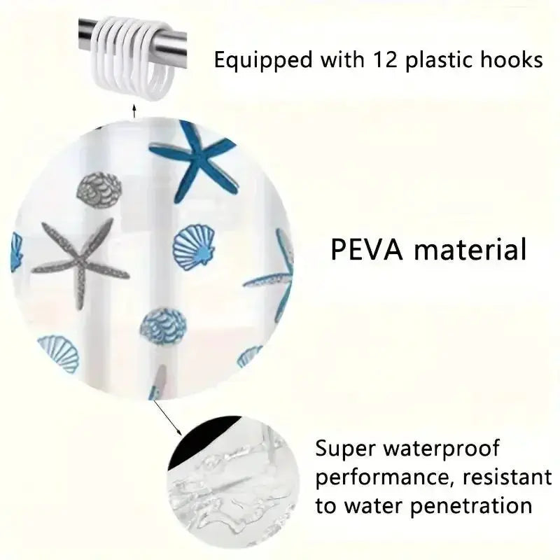 Simples Market 1pc shower curtain with blue seashell/starfish pattern, PEVA waterproof, includes 12 plastic hooks.