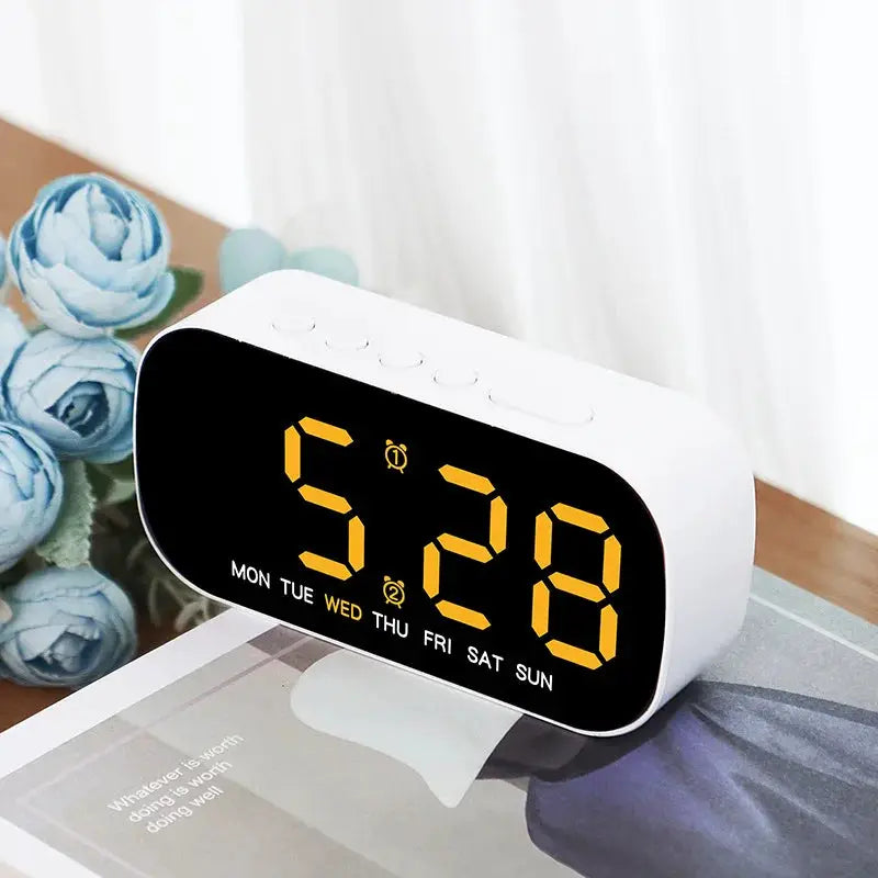 Digital alarm clock, white USB-powered LED display with weekday/date and dual alarms