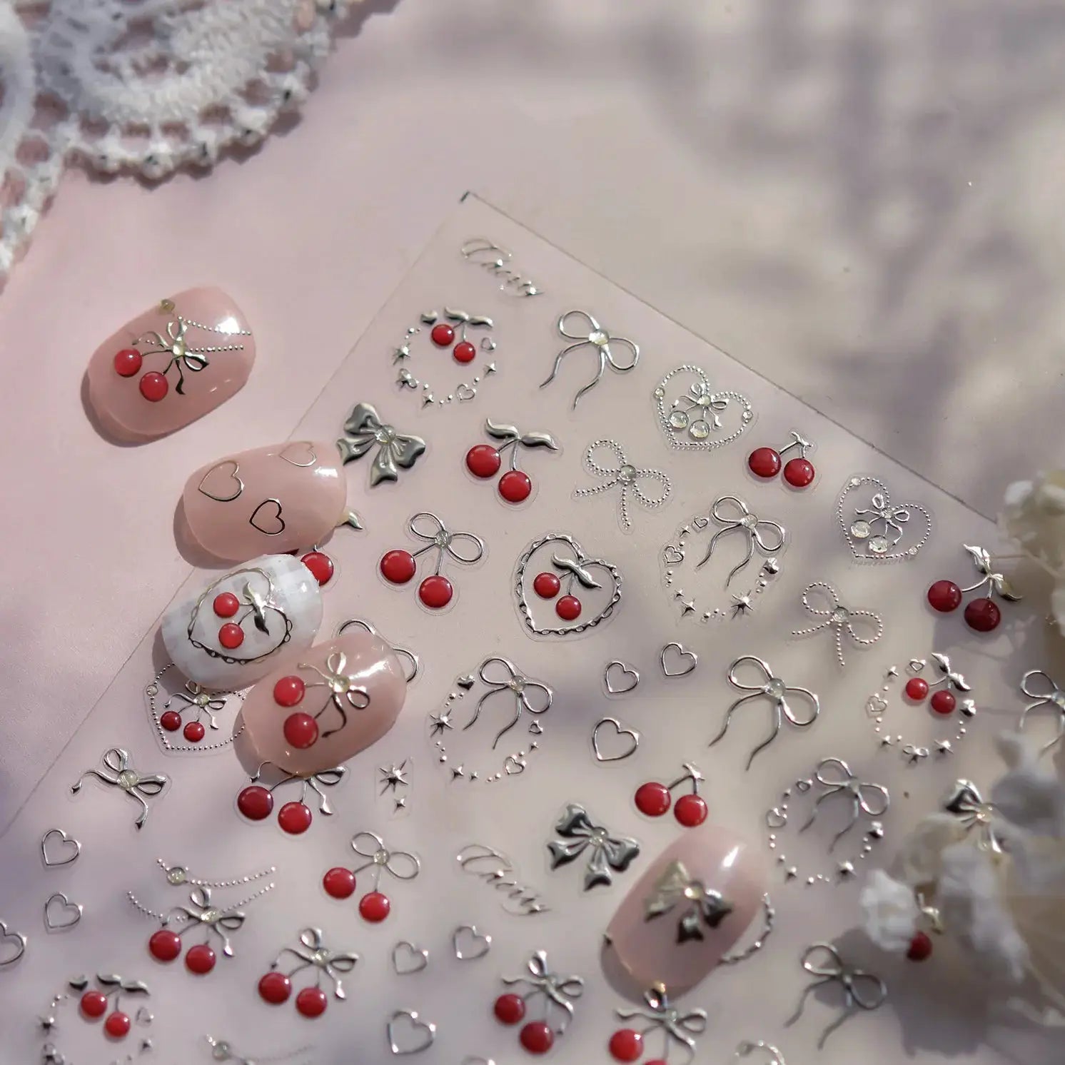 Nail art stickers, pink translucent peach jelly texture with 5D embossed cherries, bows and hearts by Simples Market