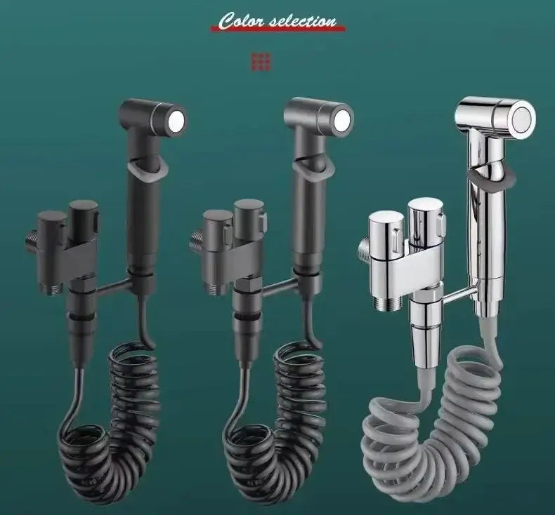 Simples Market toilet bidet sprayer set with handheld nozzle and dual-outlet valve; 3 color variants: black gray chrome