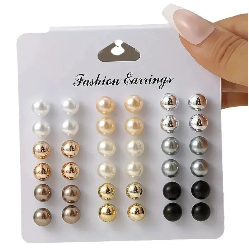 Simples Market 18-pair multicolor imitation pearl stud earrings set in white, ivory, peach, gold, silver, gray, and black.