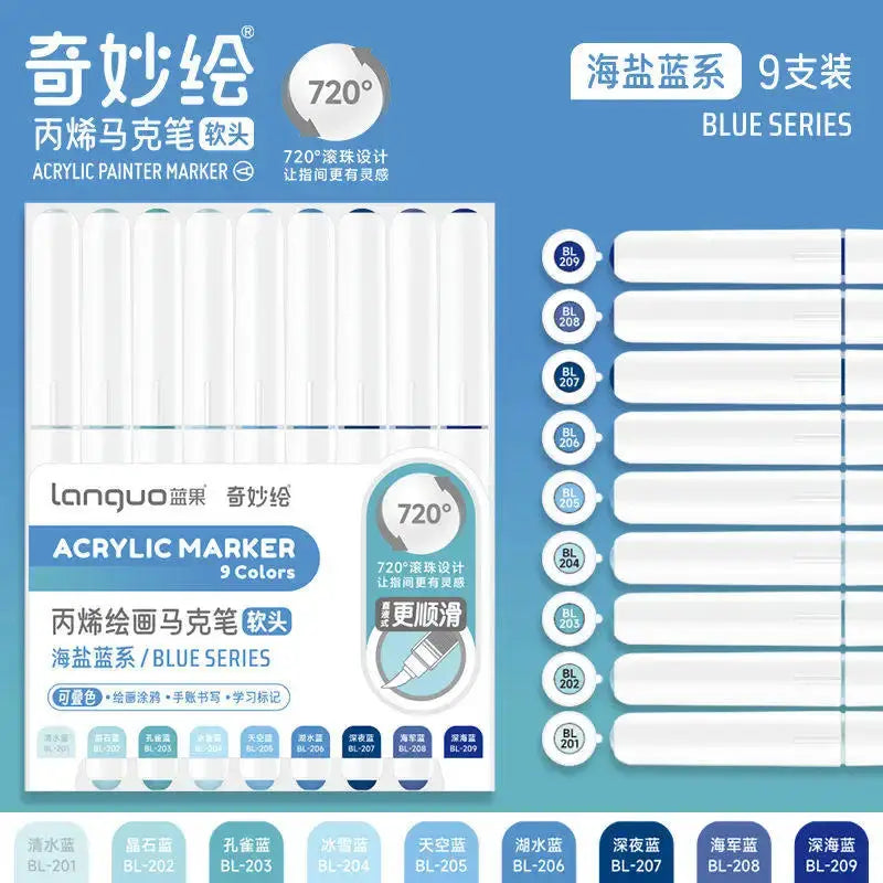 Acrylic marker set, 9 colors with soft brush tips, Langjo Blue Series