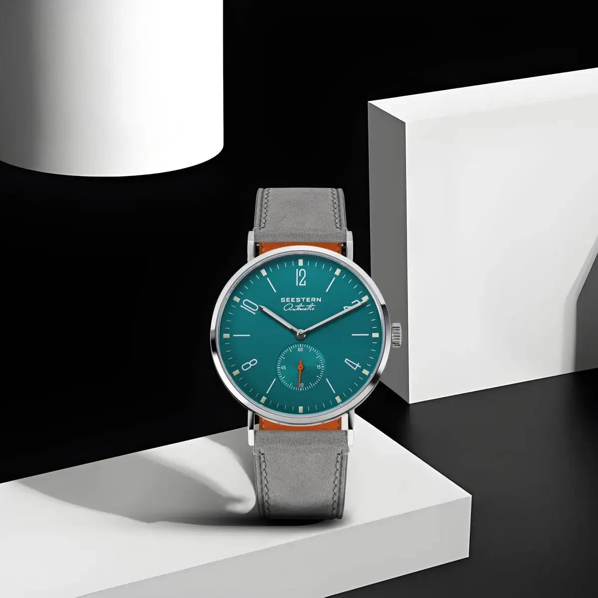 Seestern men's automatic wristwatch with teal dial and grey leather strap