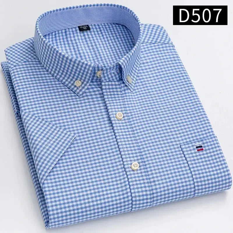 Men's blue and white gingham cotton Oxford shirt, button-down collar, folded
