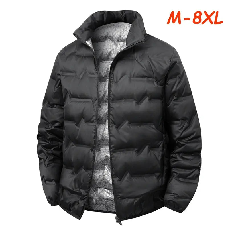 Men's black duck-down puffer jacket with zip front and stand collar, size M-8XL