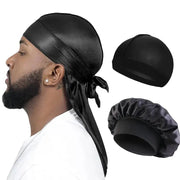 3 Pack Mens Silky Satin Durag Long Tail Pirate Hat Wave Cap Unisex Wig Cap Turban Bonnet Set