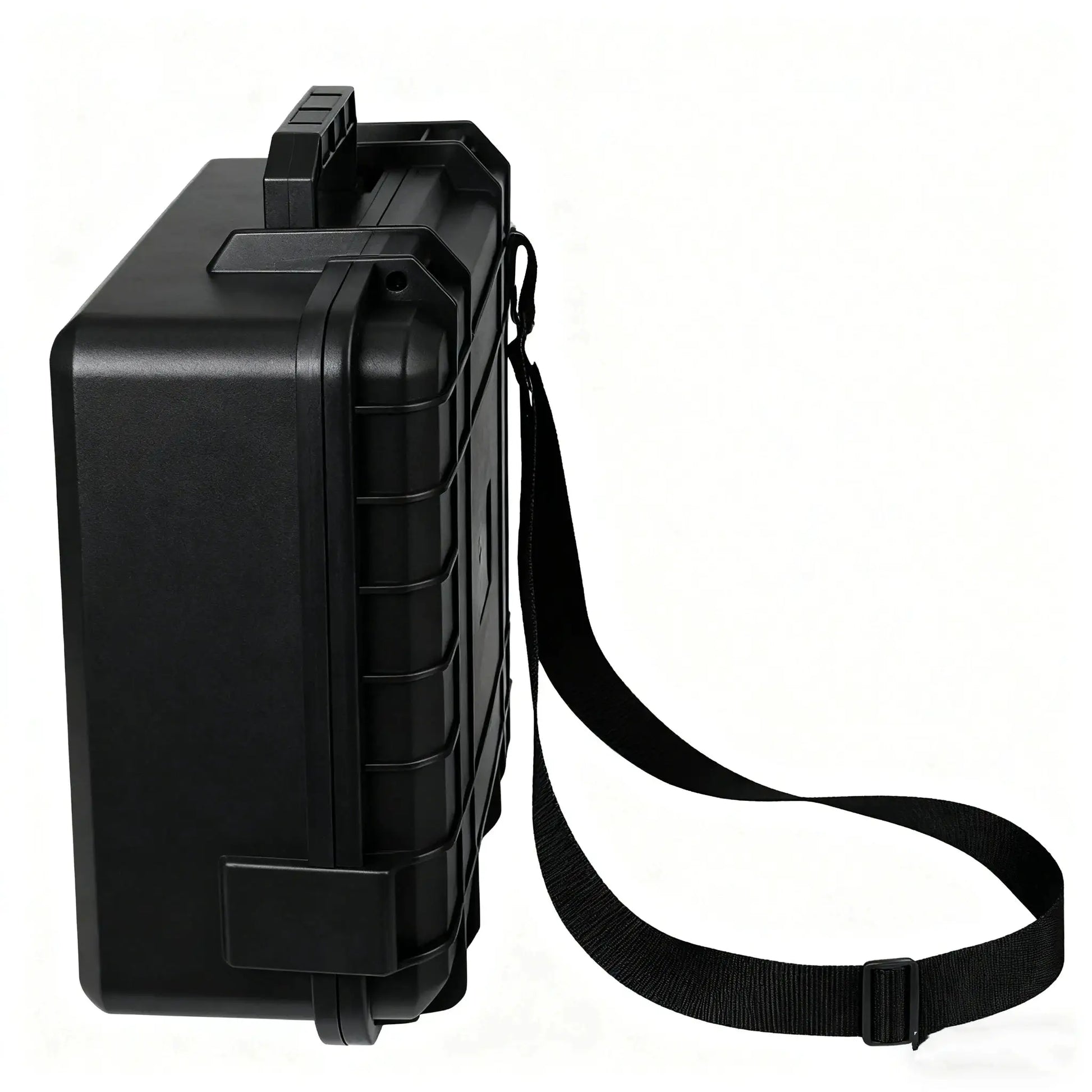 Hard toolbox storage case in black with a carrying strap for portability