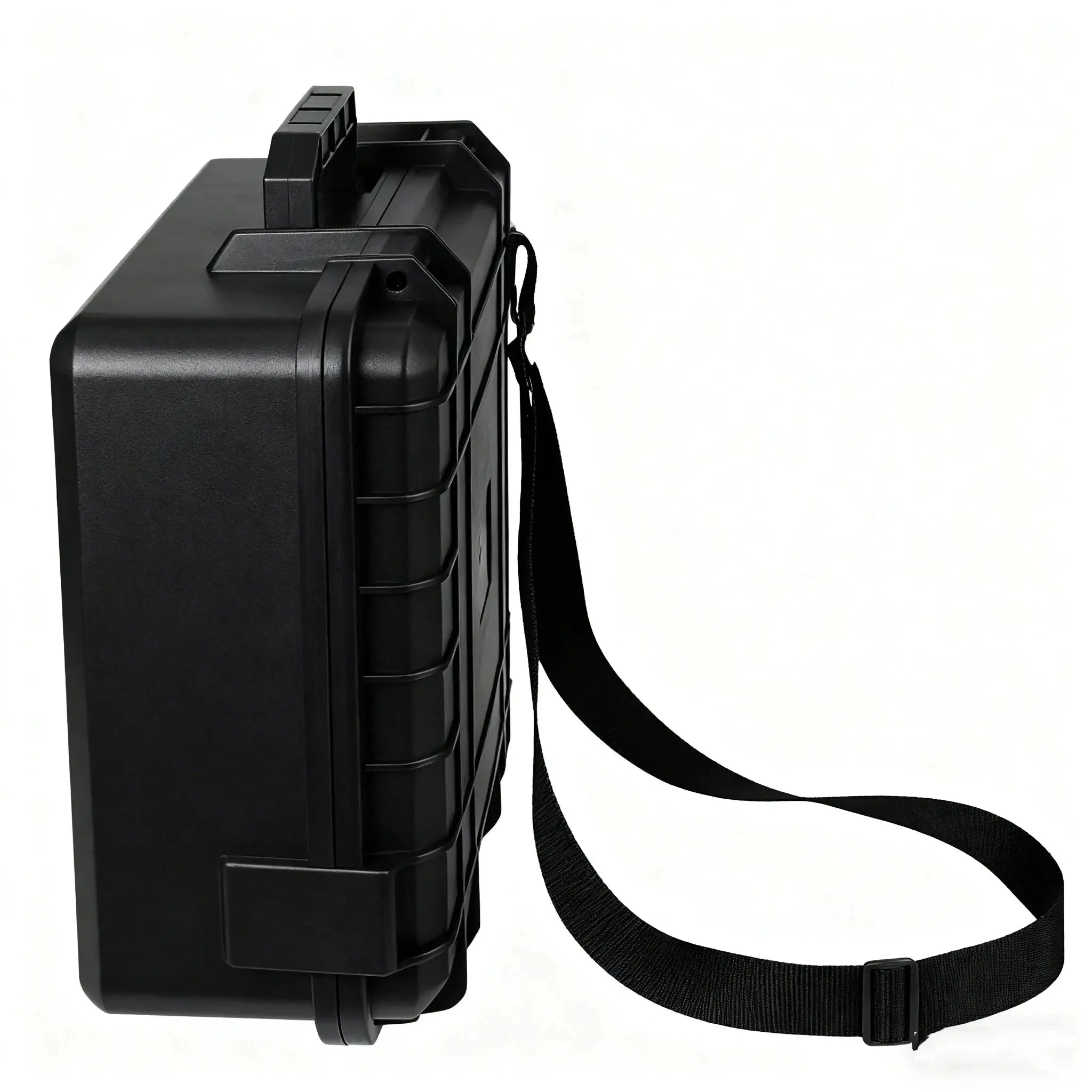 Hard toolbox storage case in black with a carrying strap for portability