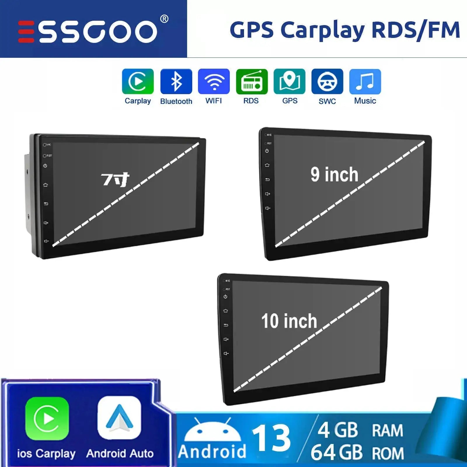 ESSGOO 7/9/10 inch dual-DIN Android car stereo with CarPlay/Android Auto, GPS, Bluetooth, Wi‑Fi, 4GB RAM 64GB ROM