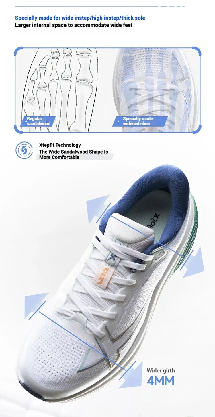 Xtep 2000km Plus running shoes by Simples Market, white with blue accents, lightweight anti-slip trainers