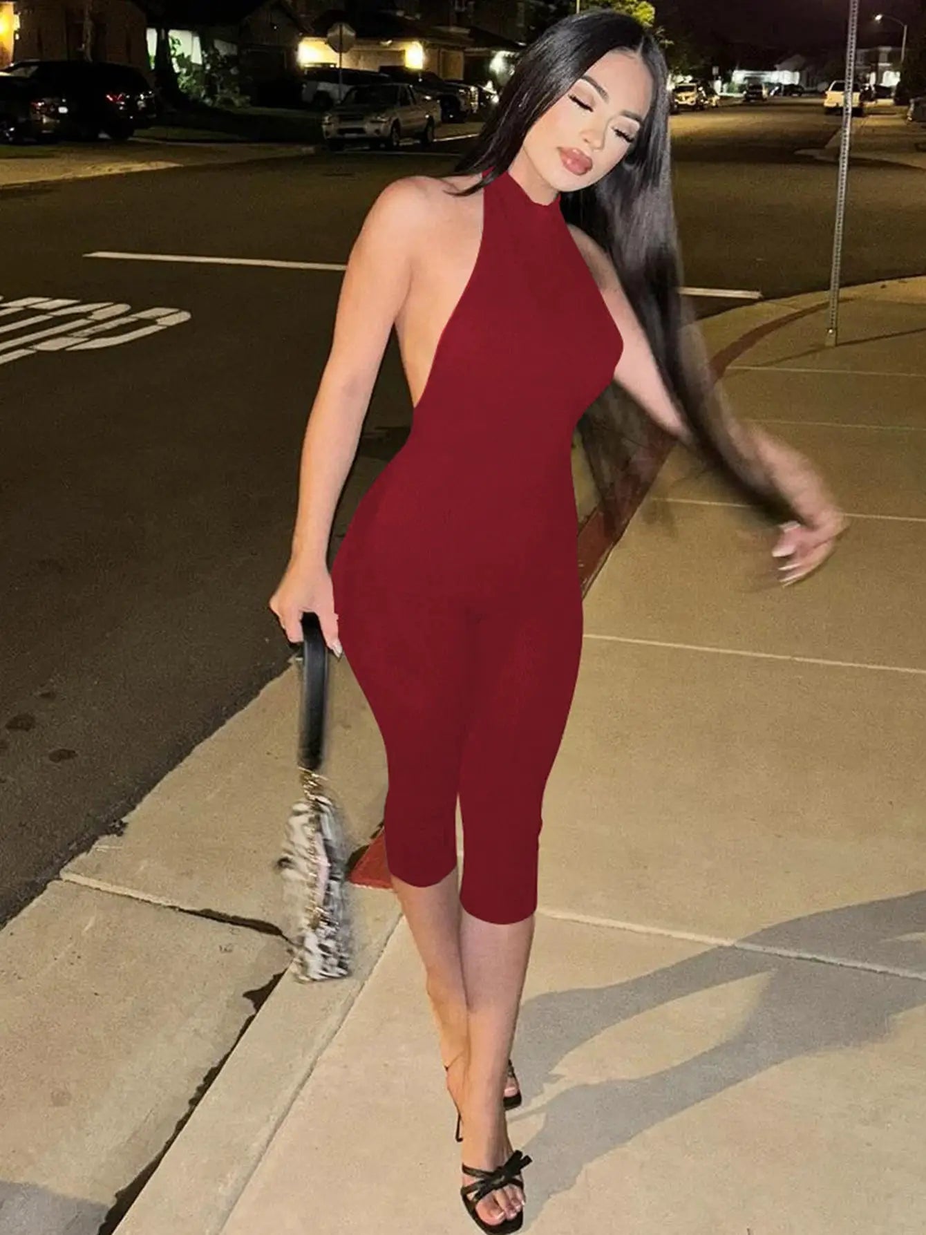 Hugcitar ribbed halter-backless red bodycon Capri jumpsuit for women