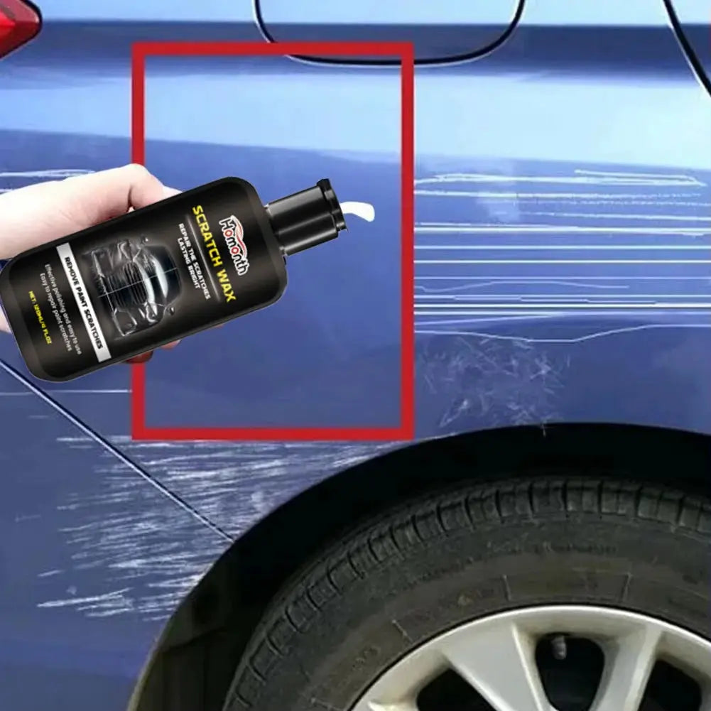 Car scratch repair wax by Simples Market; blue car panel with visible scratches.