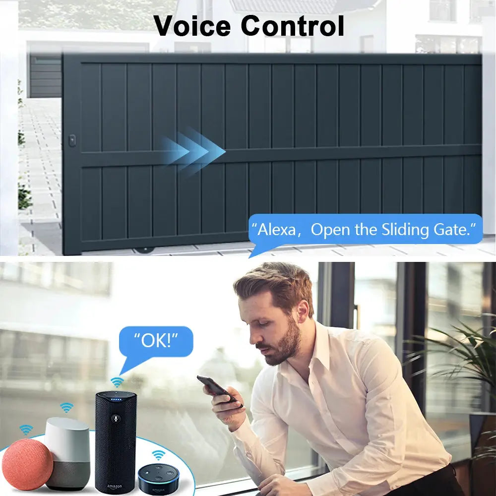 LoraTap Tuya gate opener controller by Simples Market; voice control with Google Home/Alexa; three smart speakers.