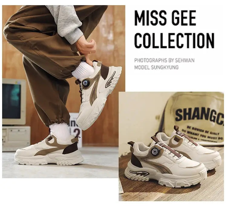 Men's high-top chunky-sole running shoes in cream and beige, breathable casual sneakers; two pairs shown.