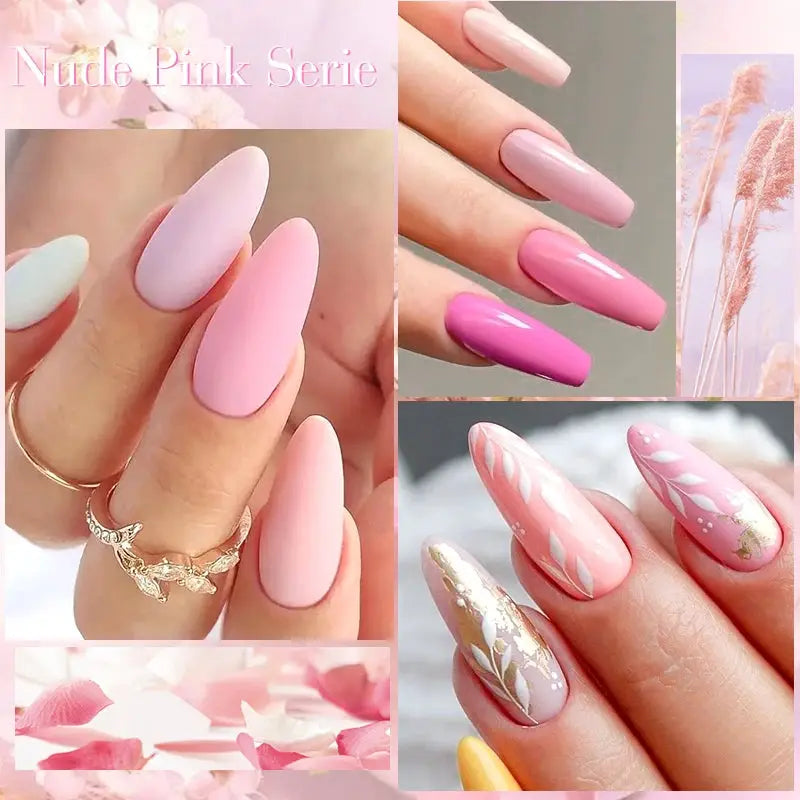 12pc pink glitter gel nail polish set by Simples Market, pastel pinks and blue macaron shade for semi-permanent nails