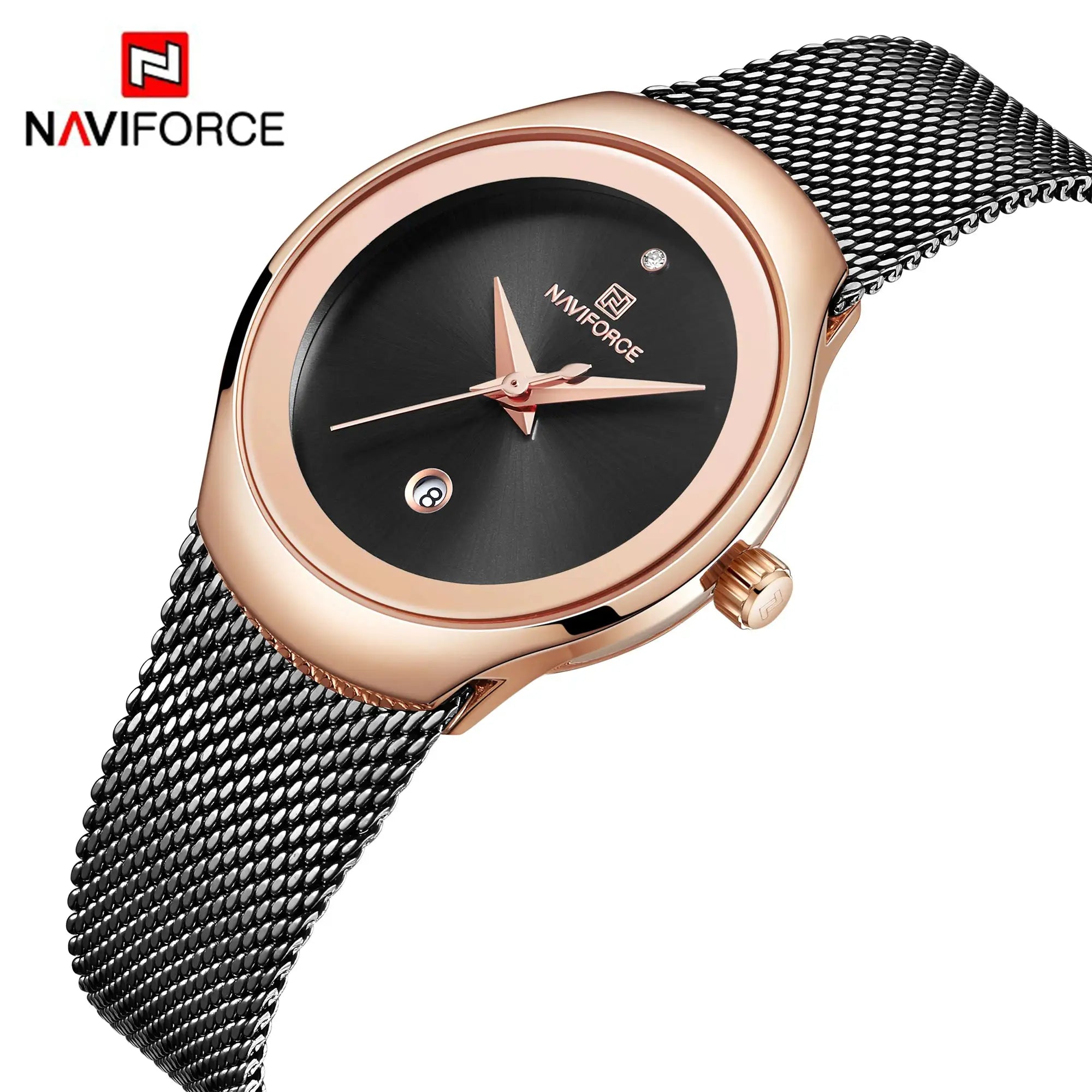 Naviforce women's rose-gold stainless steel watch with black dial and mesh bracelet