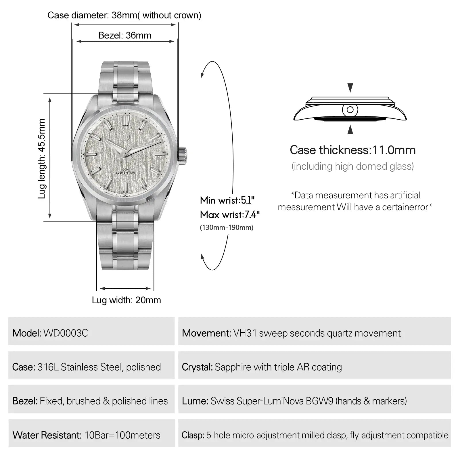 WD0003C quartz watch with 38mm stainless steel case, sapphire crystal, luminous hands, 100m water resistant.