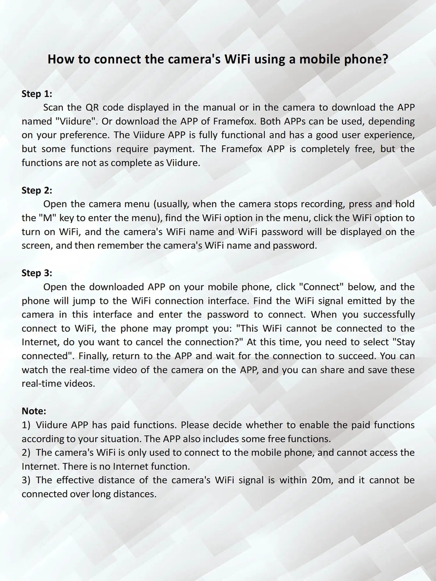 Dash cam WiFi setup guide page by Simples Market with Step 1–3 instructions.