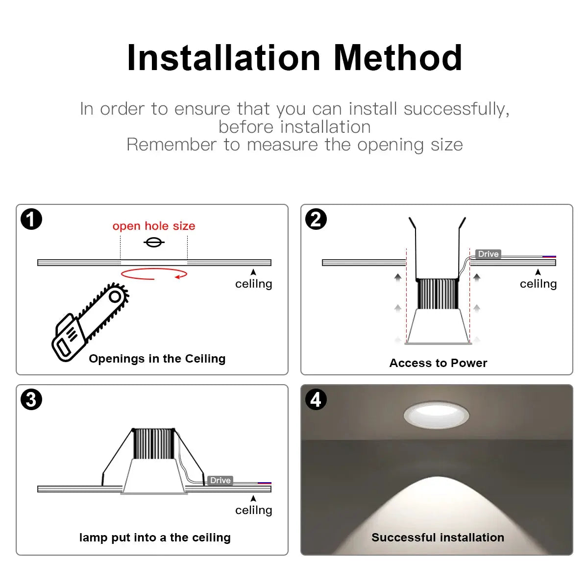 Aluminum LED spot light installation diagram by Simples Market showing ceiling opening, power access, and final install