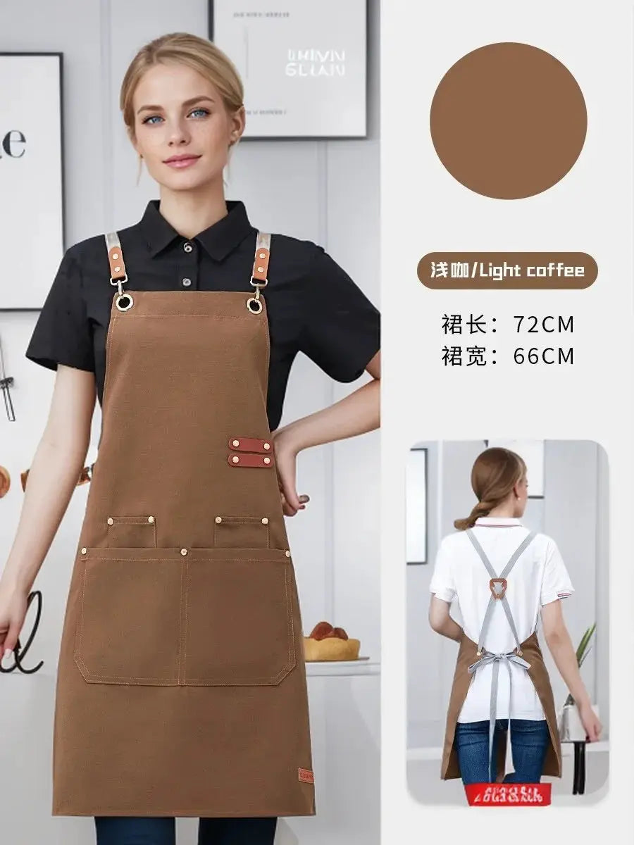 Waterproof kitchen apron unisex light coffee brown with pockets and metal buckle straps