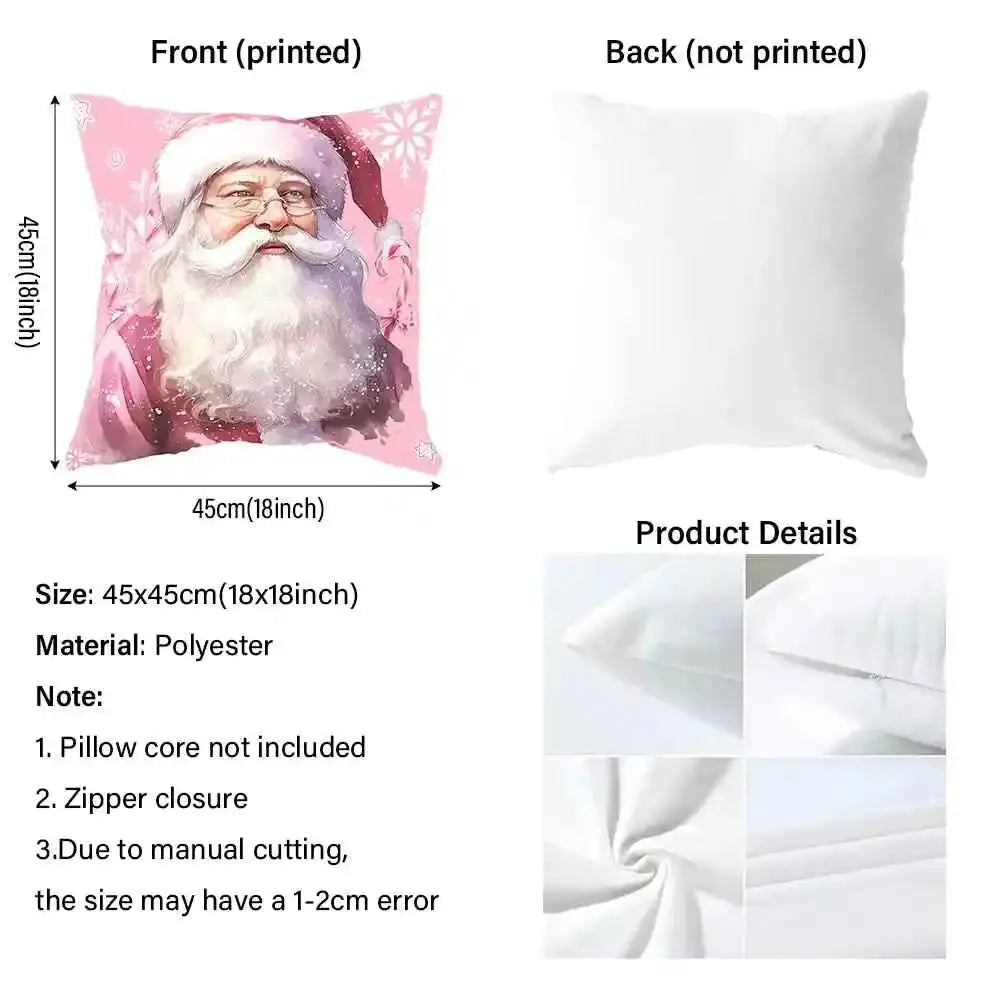 Pillow cover 45x45 cm, polyester, front printed with Santa Claus on pink background, back plain white.