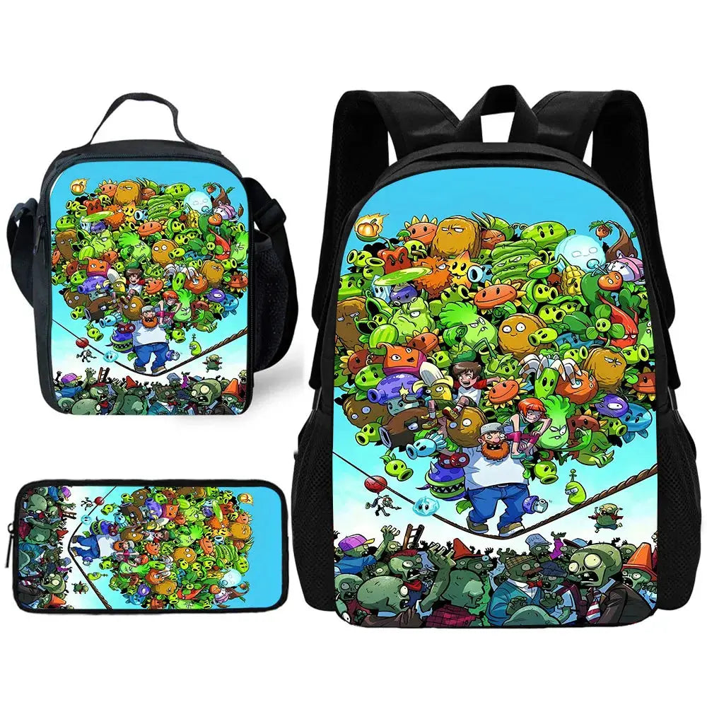 Kids' school backpack three-piece set with lunch bag and pencil bag, blue Plants vs Zombies monster art