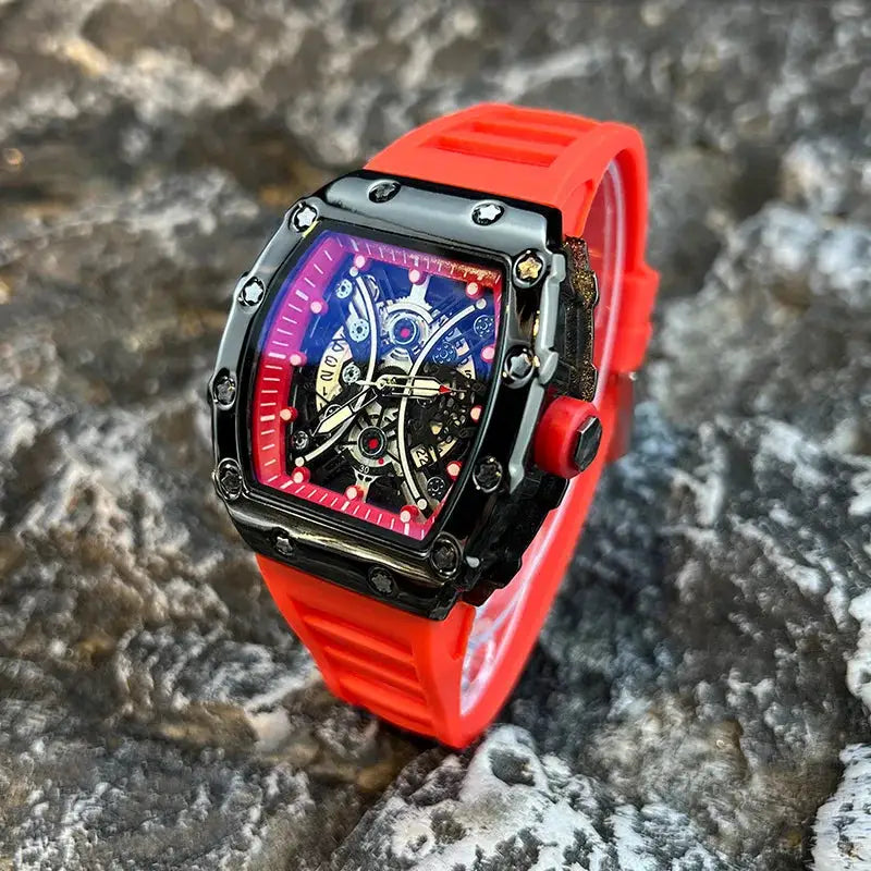 Light Luxury Brand Mens Wine Barrel Dial Quartz Watch with Night Glow and Calendar Durable Silicone Band