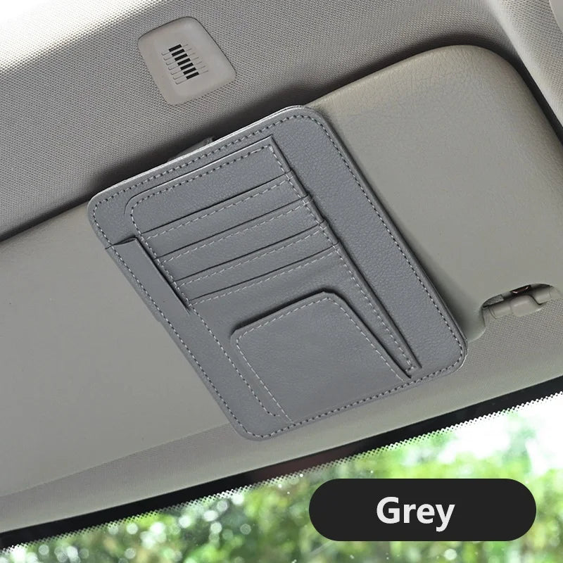 Grey car sun visor clip with card slots and cash pocket