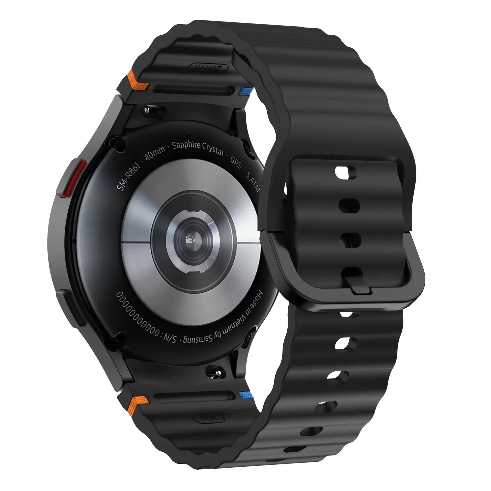 Original silicone watch band for Samsung Galaxy Watch series, black strap with orange and blue accents