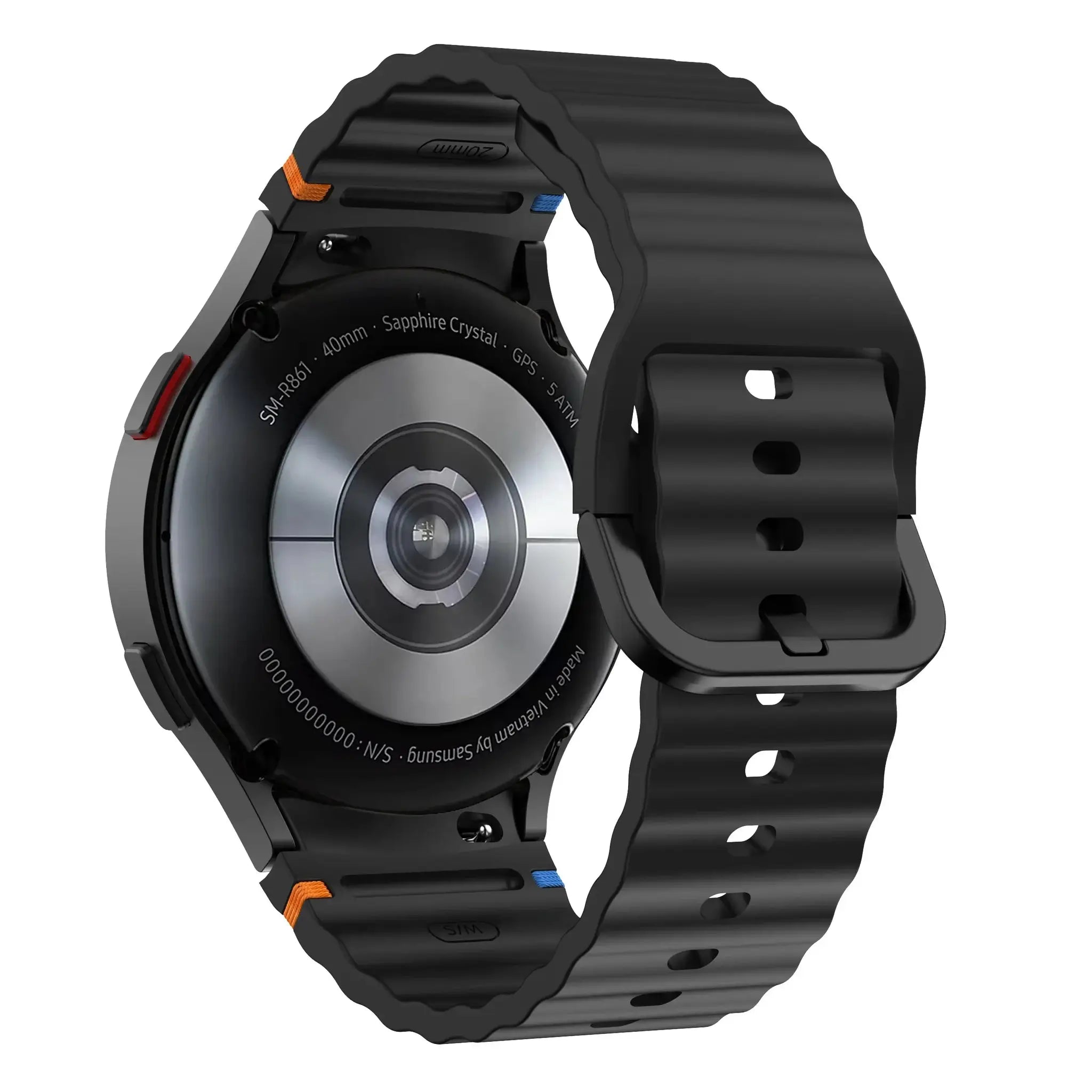Original silicone watch band for Samsung Galaxy Watch series, black strap with orange and blue accents