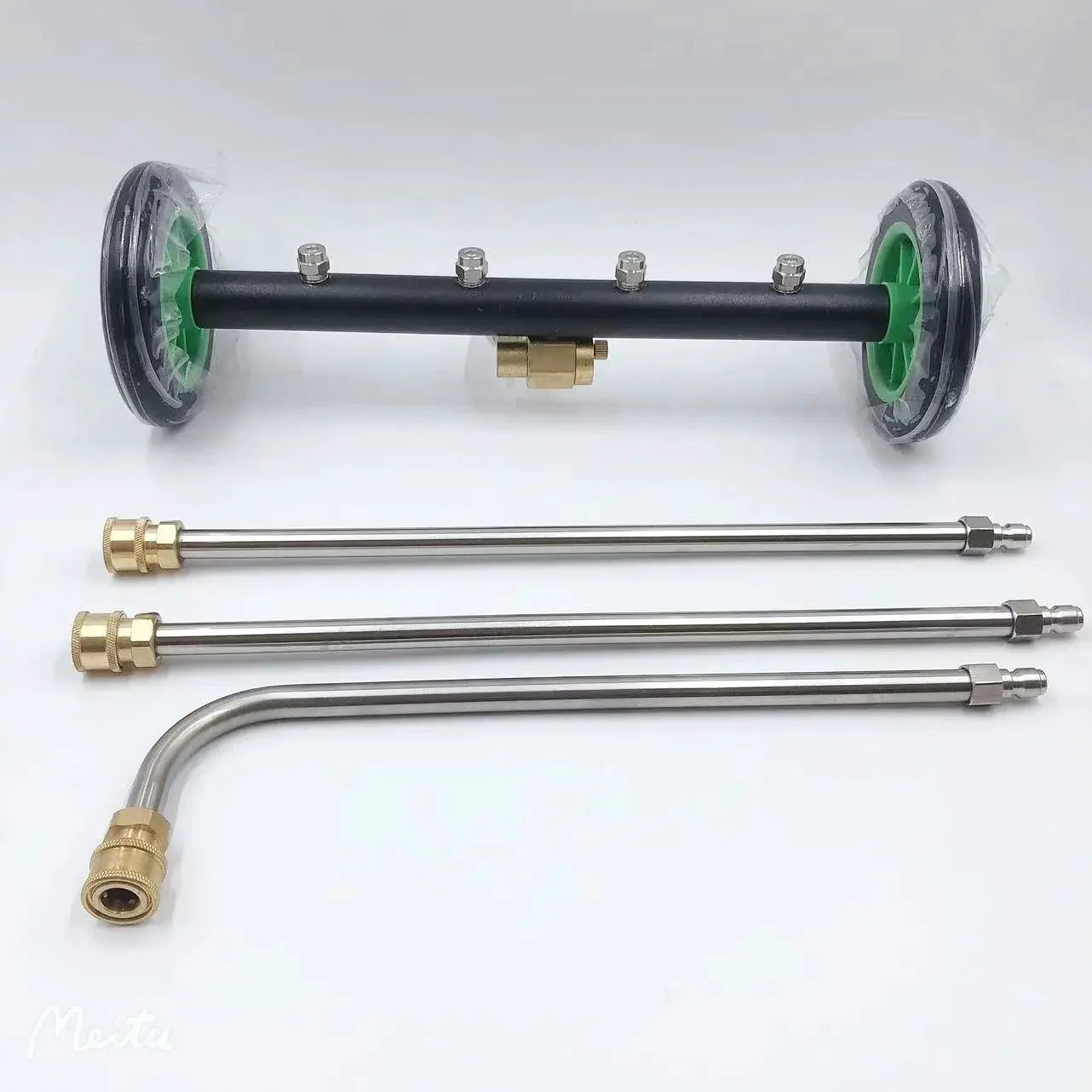 Car wash chassis kit with 16-inch wheels, brass fittings, and two stainless steel extension rods