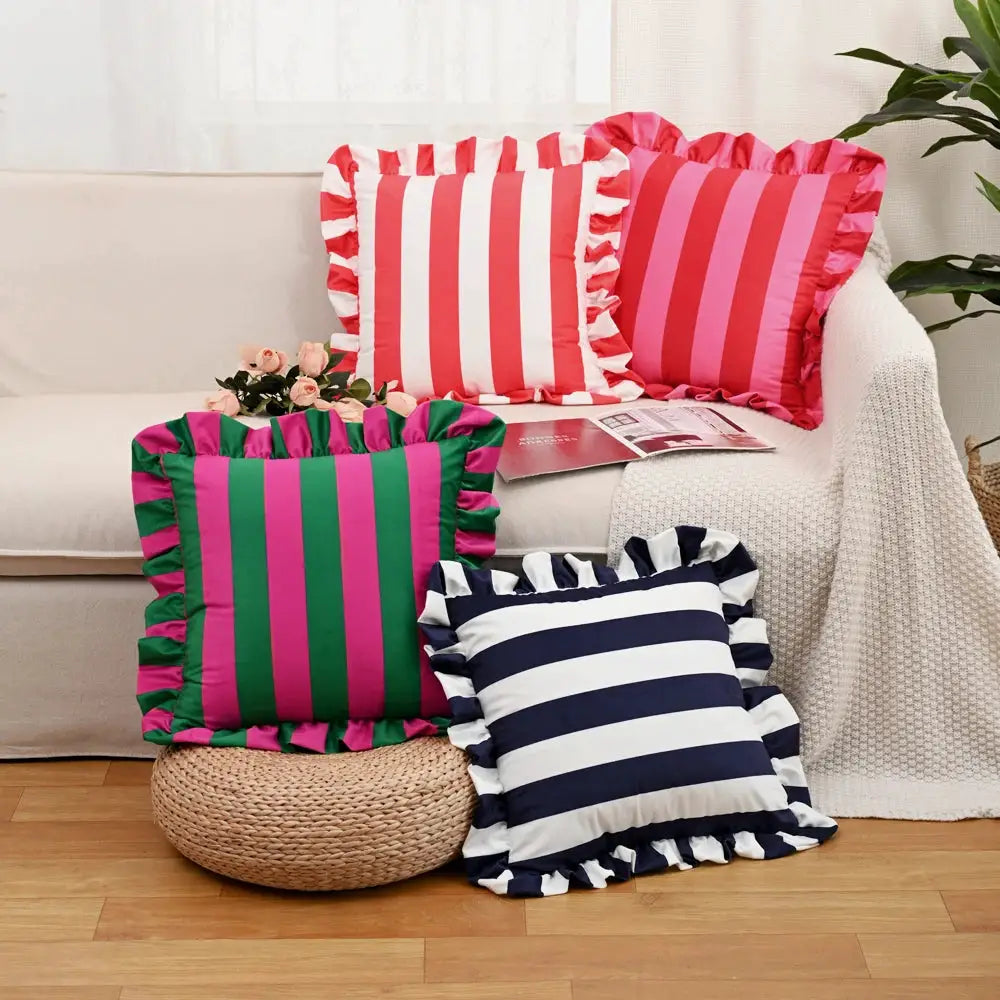Striped lace velvet pillowcases, set of 5, in red/white, pink/red, green/pink, navy/white