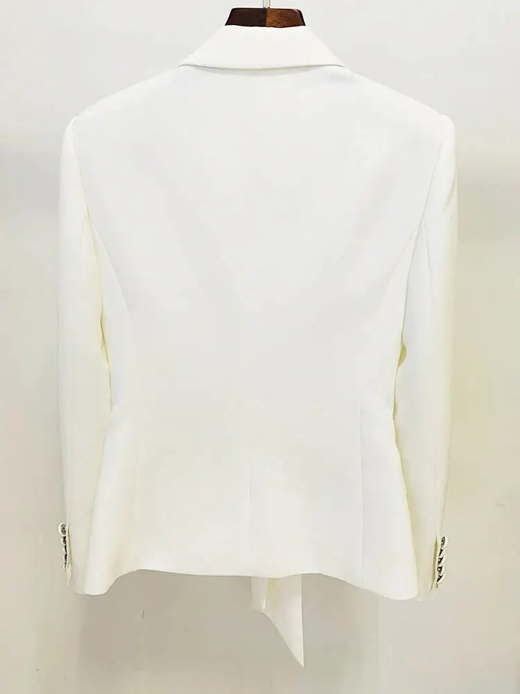 Simples Market white blazer from HIGH STREET 2pc designer suit set, back view with longline tailored silhouette.