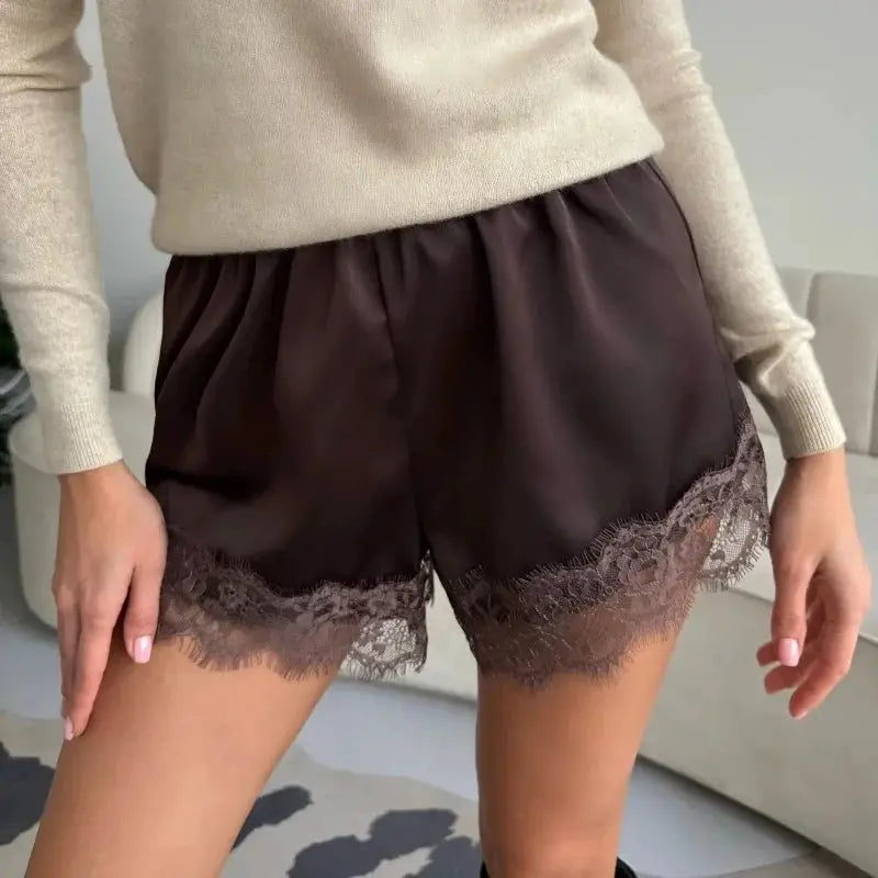 Women satin lace shorts by Simples Market, dark brown with scalloped lace hem and elastic waist