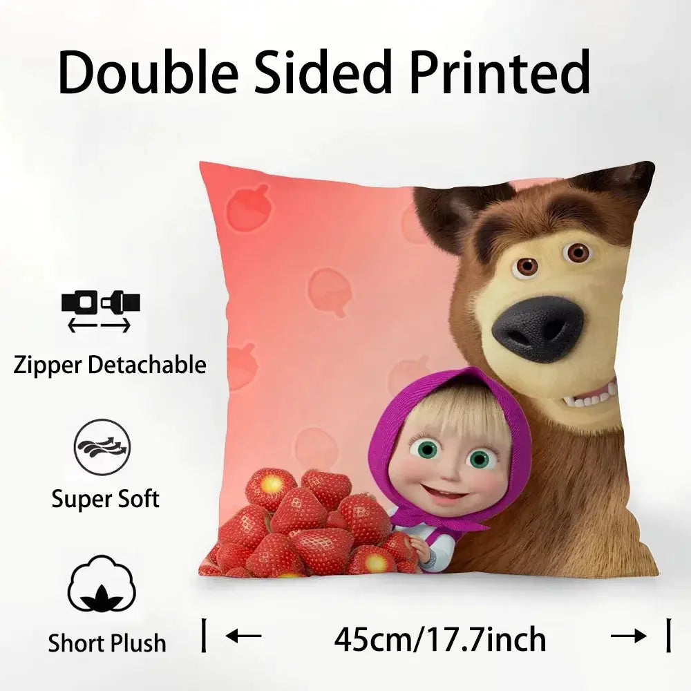 Simples Market M-Masha And B-Bears pillow case plush fabric, double-sided, zipper detachable, pink background, 45cm
