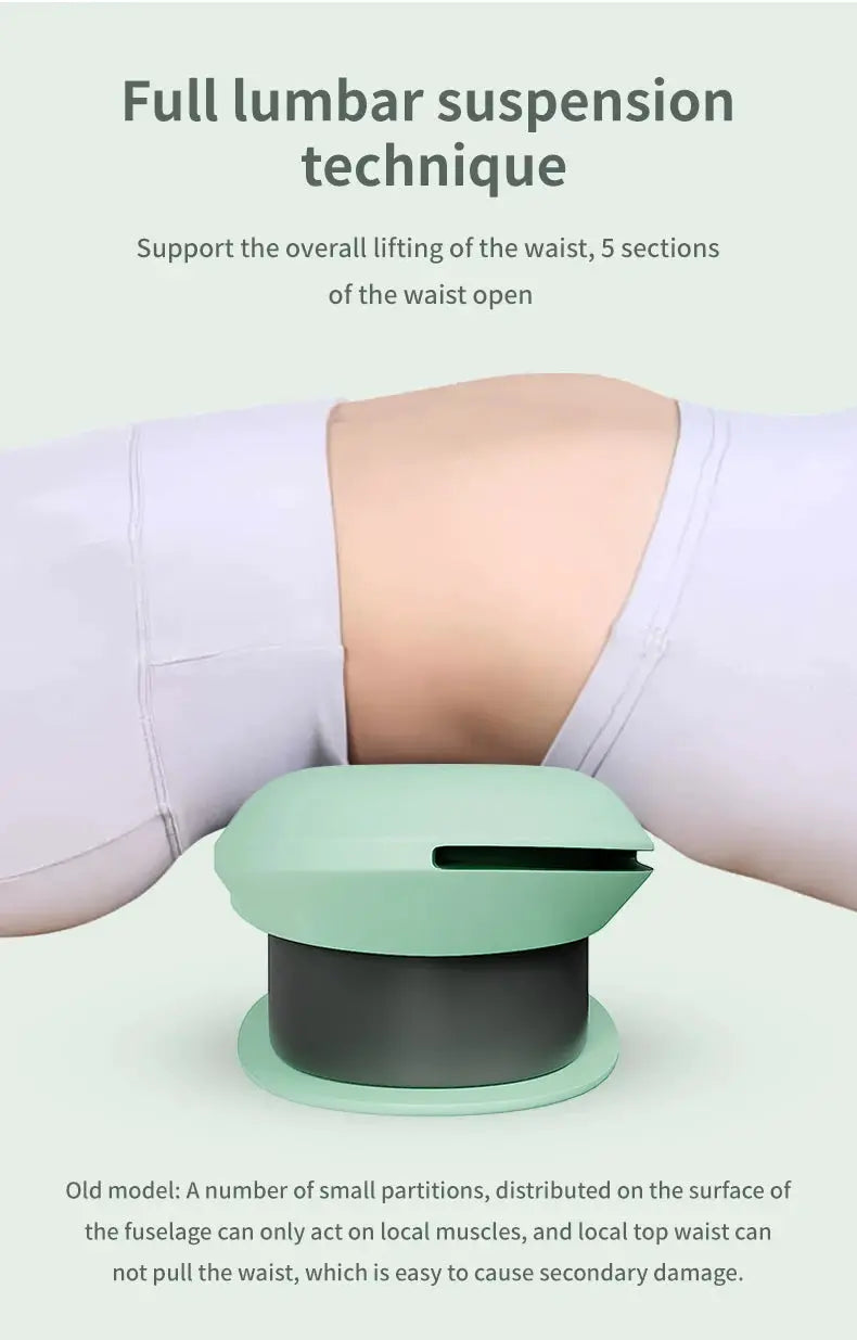 Waist massage device by Simples Market in mint green with black base placed on lower back