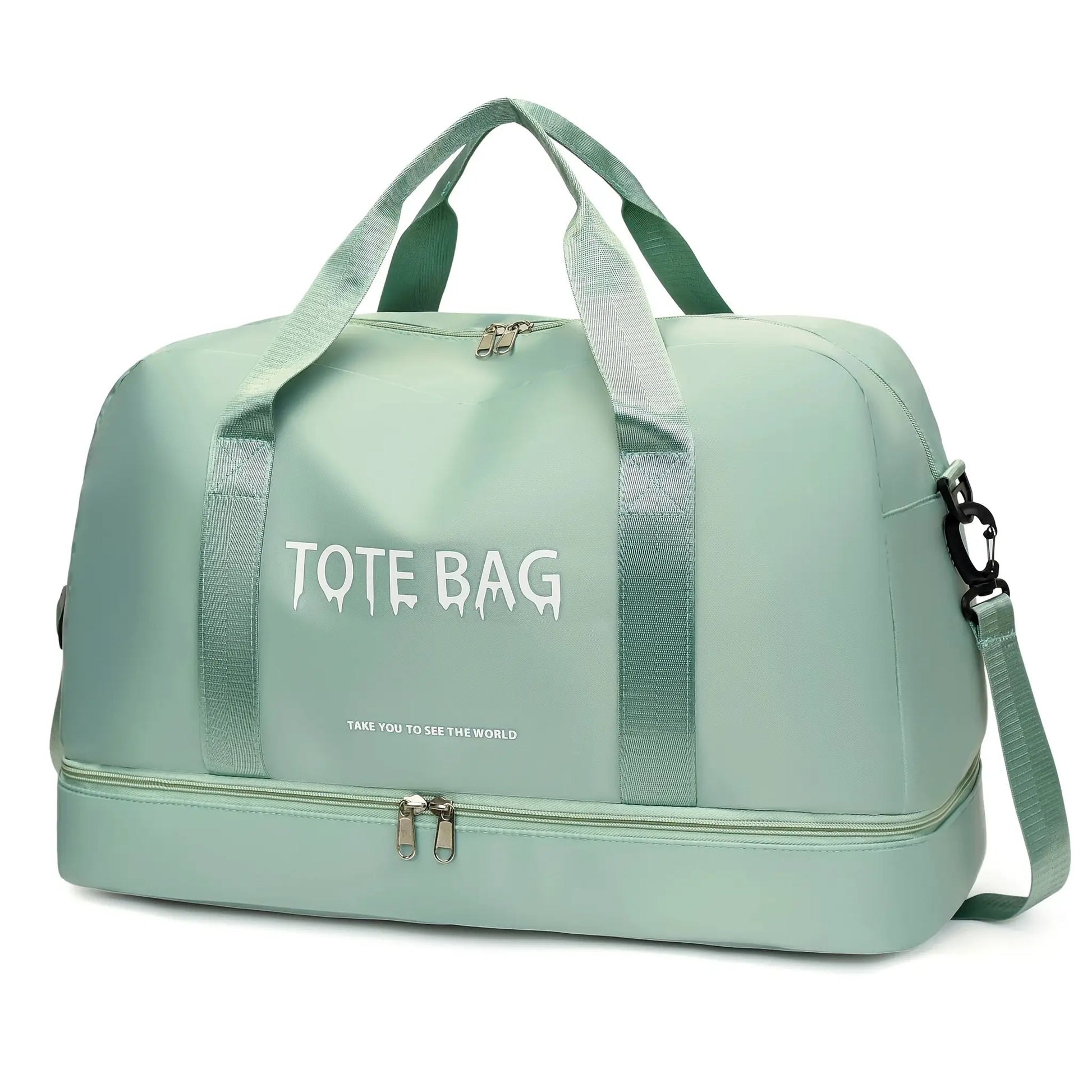 Travel duffle bag with adjustable shoulder strap in mint green nylon, large-capacity gym bag