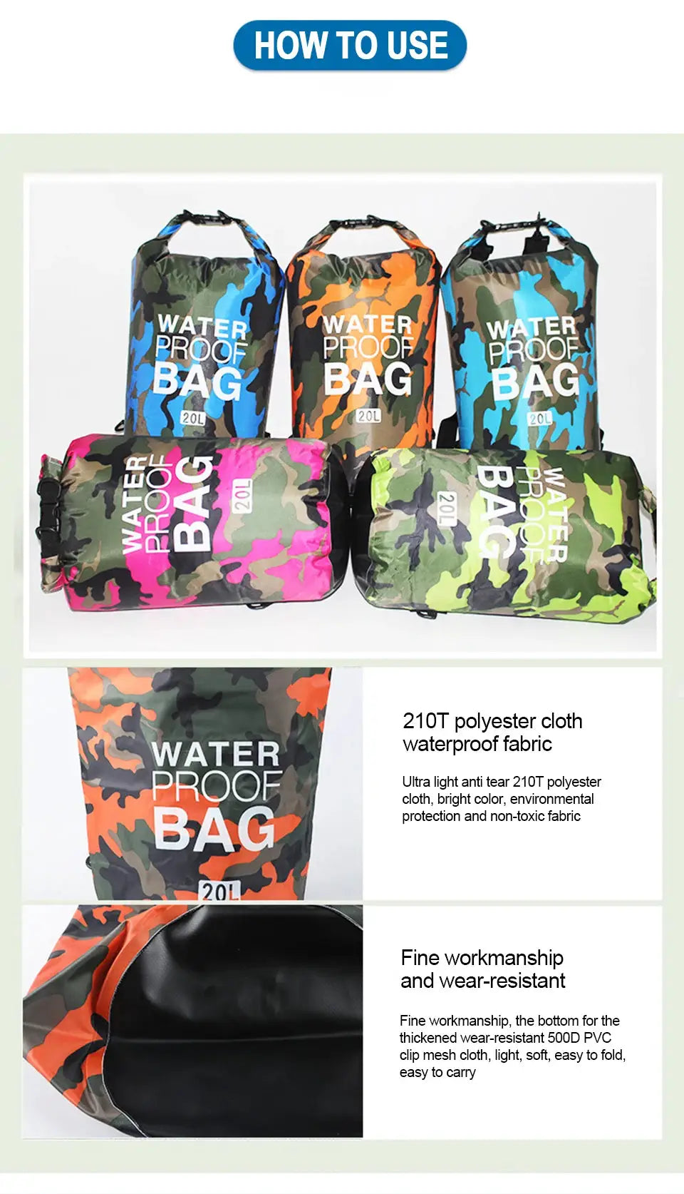 Dry bags waterproof set of six, 20L each, camouflage patterns in blue, orange, pink and green by Simples Market