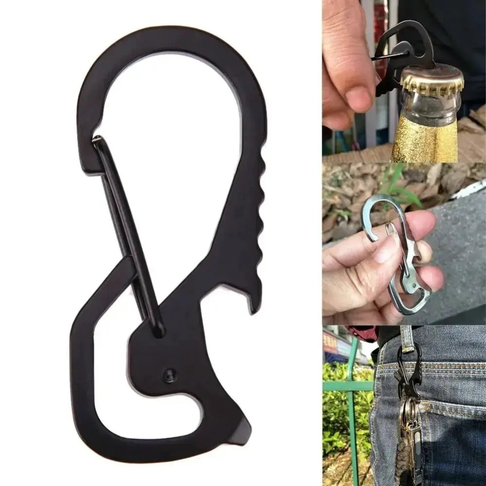 Bottle opener multifunctional carabiner by Simples Market, black stainless steel.
