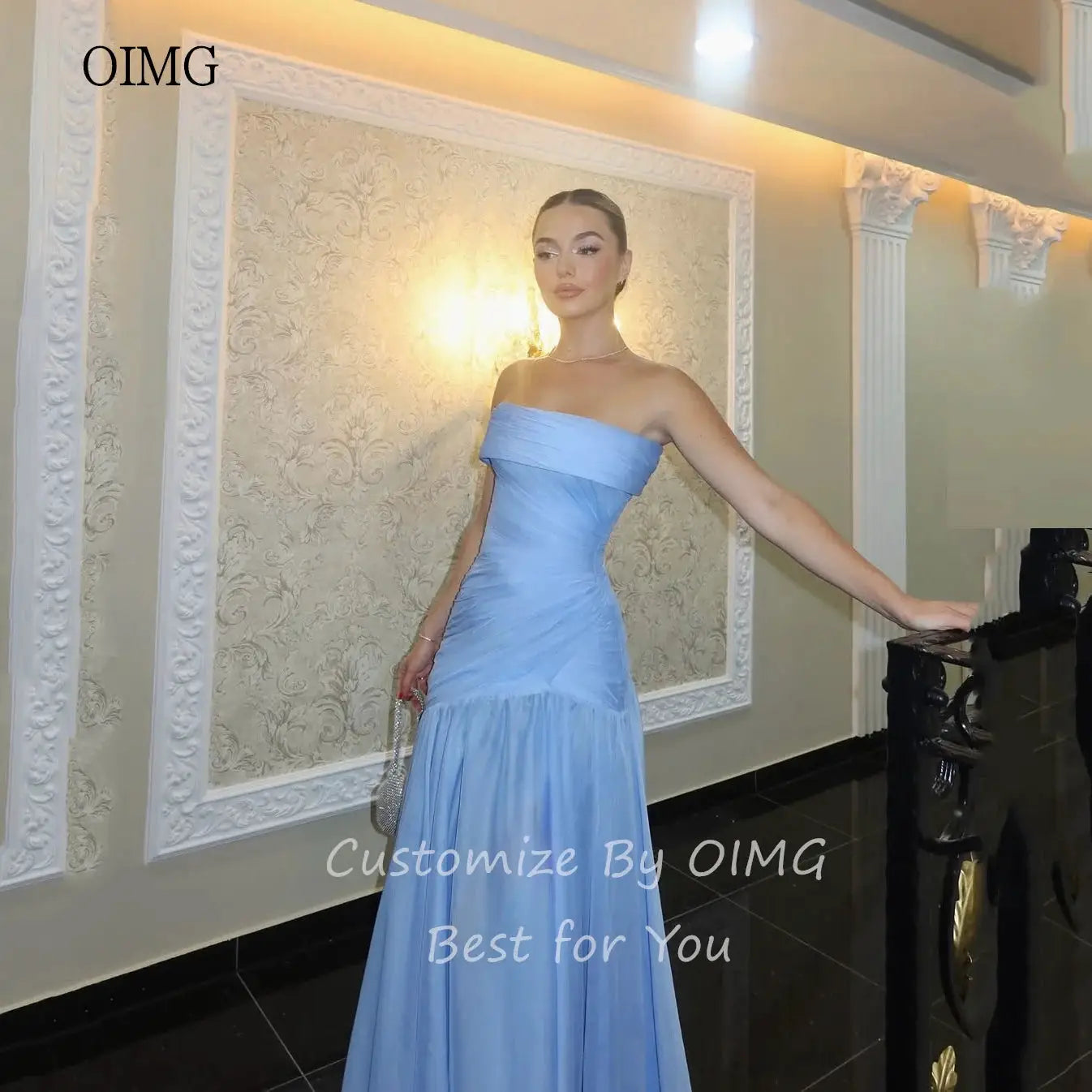 OIMG Maxi Strapless A Line Prom Gown Pleated Floor Length Dress