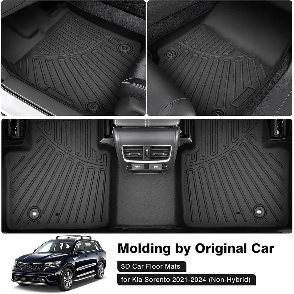 Simples Market black all-weather TPE floor mats for Kia Sorento 2021–2026, full set including trunk liner.