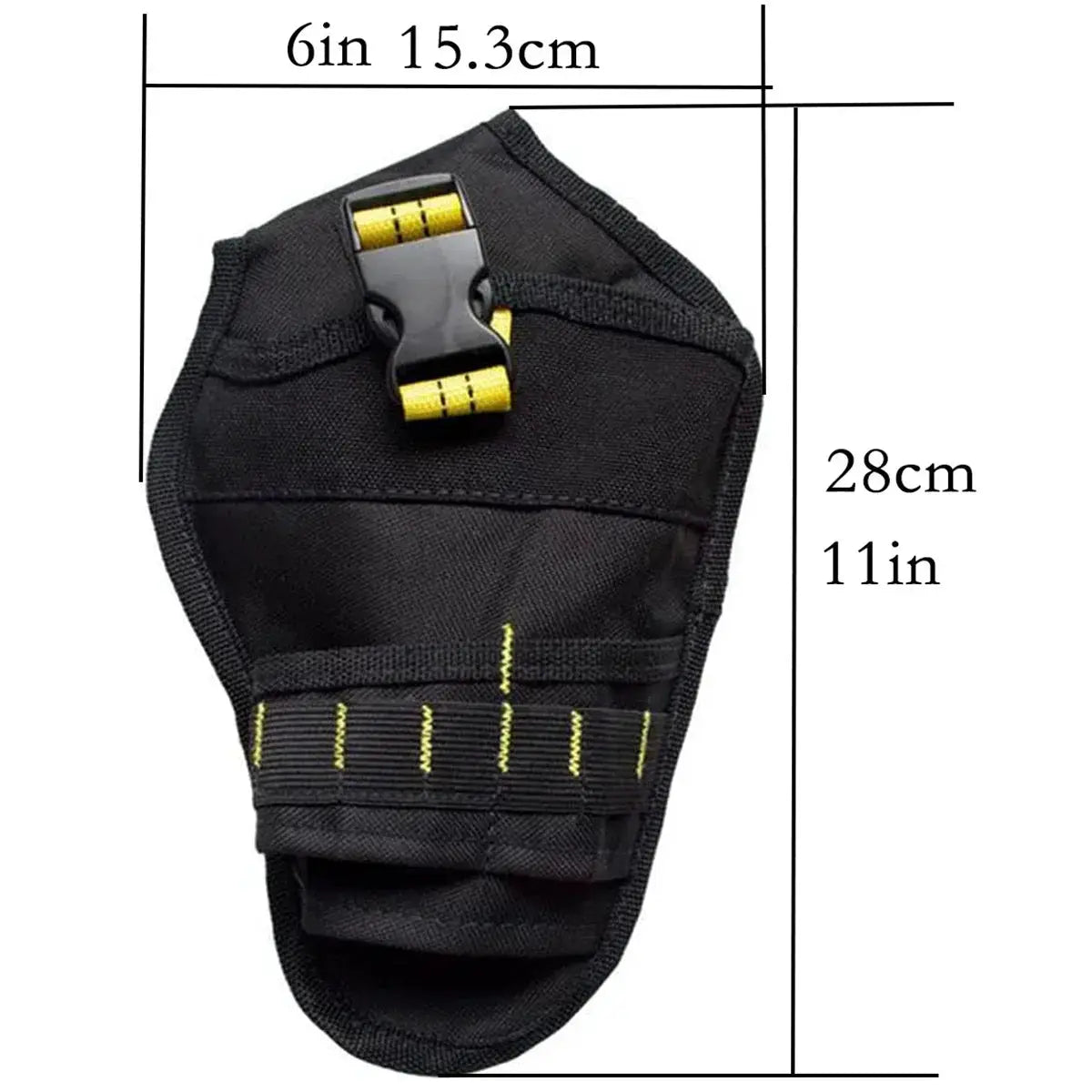 Cordless drill holster with metal clip, black nylon with yellow stitching, Simples Market