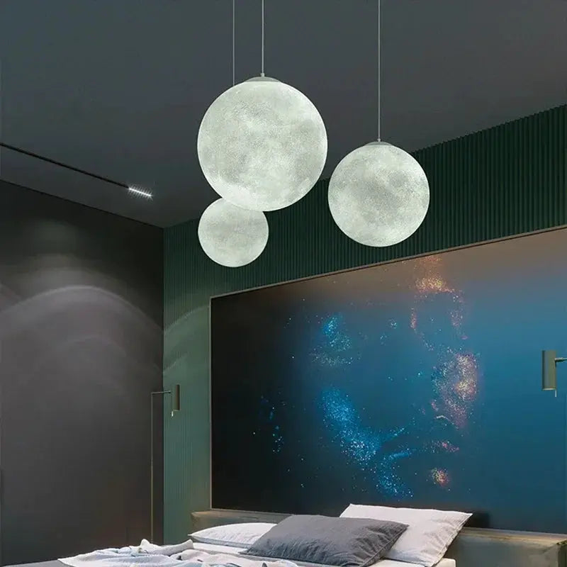 Nordic Moon LED pendant lights by Simples Market, three frosted white globe lamps for living room and dining